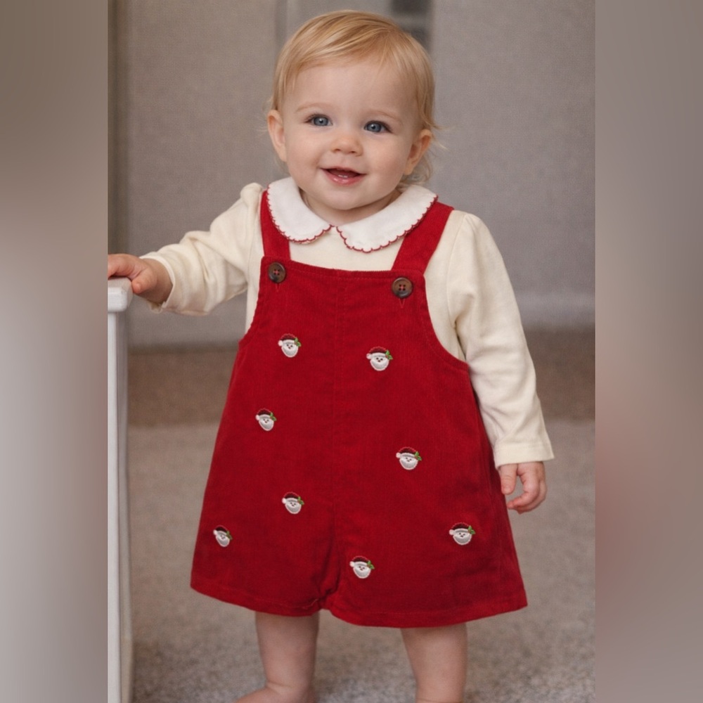 NWT! Red Corduroy Baby Romper with Embroidered Santa Faces